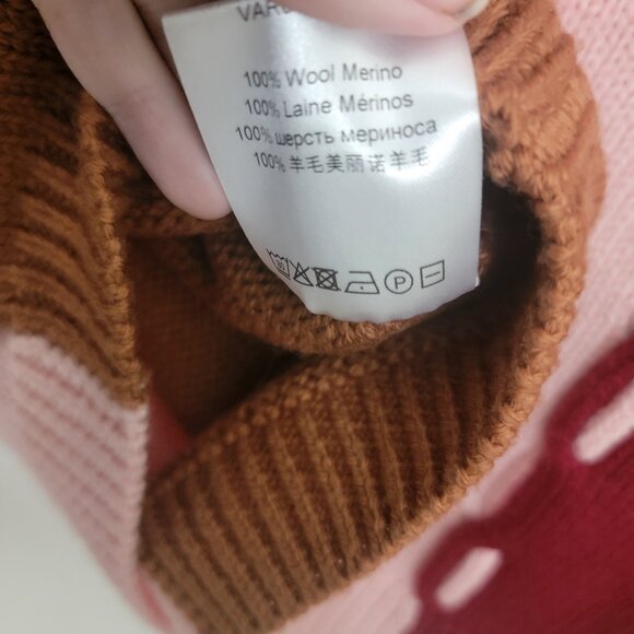 La DoubleJ Colorblock Braided Merino Wool Crew Sweater Pink Camel Medium NWT - Picture 6 of 8